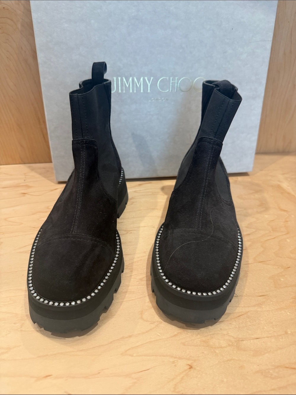 Jimmy Choo Black Suede Chelsea Boots with Crystal-Embellished Welt New With Box